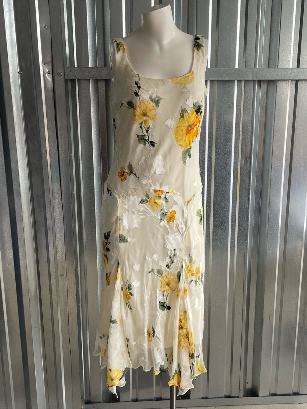 Alex Evenings Silk Floral Beaded Dress Size 10 Yellow Rose Bias Cut Midi Gown